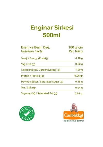Canbakkal Enginar Sirkesi Fermente Sebze Sirkesi Pestisit Analizli 500 ML