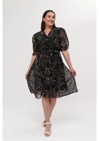 Neşeli Butik Kadın Astarlı Büyük Beden Şifon Elbise Ryx8063 Siyah