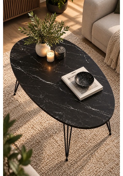 Sulorahome Oval Mermer Desenli Siyah Orta Sehpa Tel Ayaklı Siyah - Mermer