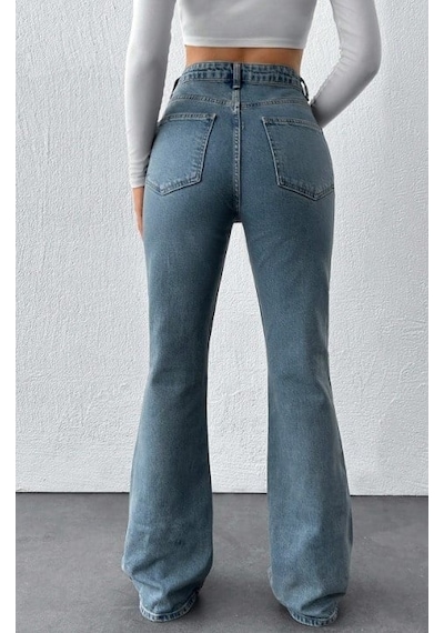 Herton Yüksek Bel İspanyol Paça Jean Pantolon - Eskitme Detaylı Full Pamuklu Flare Denim Açık Mavi