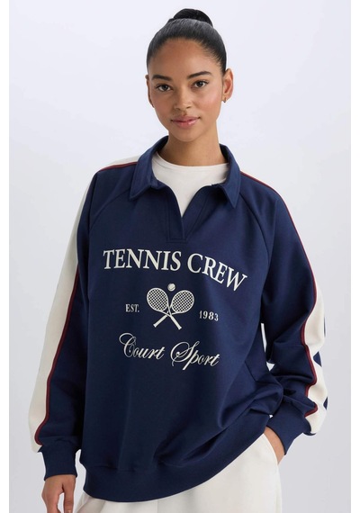 DeFactoFit Oversize Geniş Kalıp Polo Yaka Baskılı Sporcu Sweatshirt D7131AX25SPNV241
