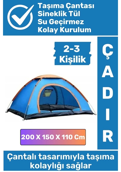 Premium Su Geçirmez Kapı Sineklik Tül Dayanıklı Kolay Kurulum 2-3 Kişilik Çantalı Kamp Deprem Çadırı Çok Renkli