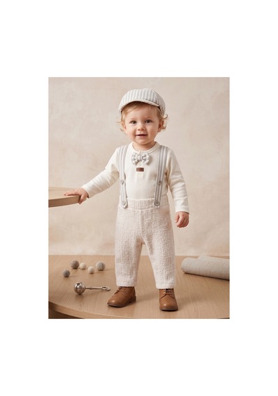 Deniva Kids Bebek Bej Askılı Pantolon Fiyonklu Body Ve Kasket Şapkalı 3'lü Takım Doğum Günü Ve Özel Gün Seti