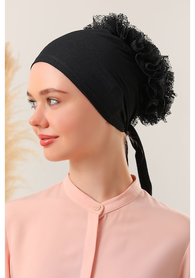 Melodi Scarf Kadın Tesettür Önü Dikişsiz Fırfırlı Penye Bone Siyah