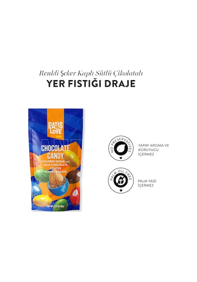 Patislove Renkli Şeker Kaplı Sütlü Çikolatalı Bütün Yer Fıstığı Draje, 90g