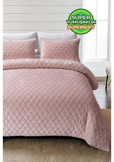 Evlen Home Kapitone Kadife Yatak Örtüsü Seti Çift Kişilik Supersoft 3 Parça Yumuşak Elyaf Dolgulu Pudra Pudra