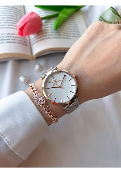 Bigotti Çelik Hasır Kordon Kararma Renk Atmaz 3 Atm Suya Dayanıklı Kadın Kol Saati+bileklik B10342.4 Rose Gold