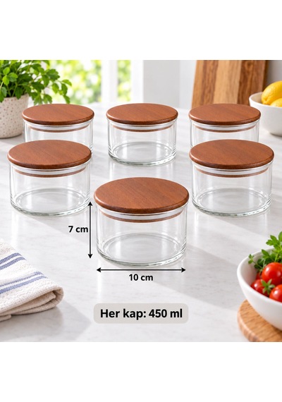 Akasya Kapaklı Cam Kavanoz 450 Ml- Altılı Set Kahverengi
