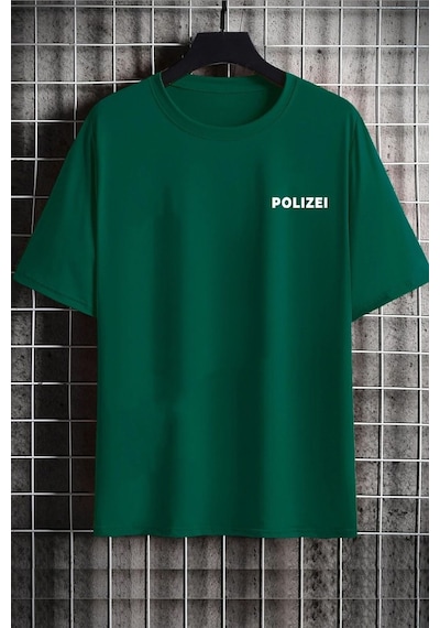 Unisex Polizei Baskılı T-shirt Yeşil