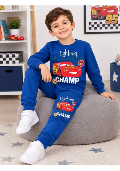 Alkın Kids 4-10 Yaş Erkek Çocuk %100 Pamuklu Araba Baskılı Alt-üst Takım Saks Mavi