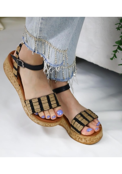Asmi Shoes Hasır Detaylı Mantar Taban Ortopedik Taban Sandelet Siyah Siyah