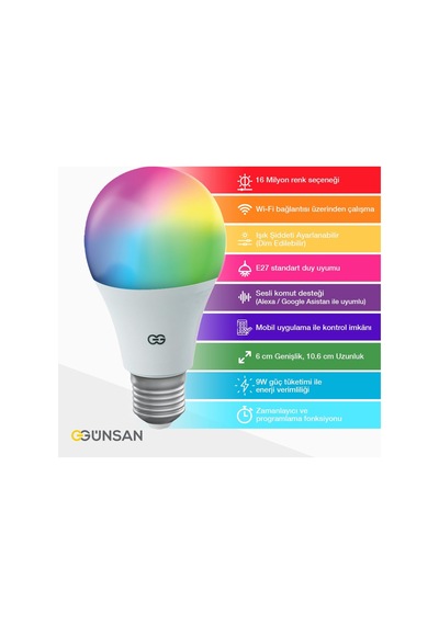 Günsan Akıllı Wifi Led Ampul Rgb Çok Renkli Tuya Ve Smart Life Uy
