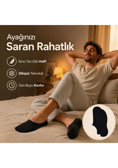 Genel Erkek Bambu 12 Li Dikişsiz Babet Çorap Siyah Beyaz Gri Görünmez Sneaker Çorap Siyah 12'li / 39-44