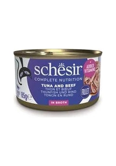 Schesir Ton Balıklı Sığır Filetolu Ve Pirinçli Pişirme Suyunda Yetişkin Kedi Konservesi 85g
