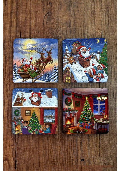 Doğal Taş Bardak Altlığı - Mery Christmast Baskılı 10x10cm Yeni Yıl Noel Stone Coasters 494 Çok Renkli
