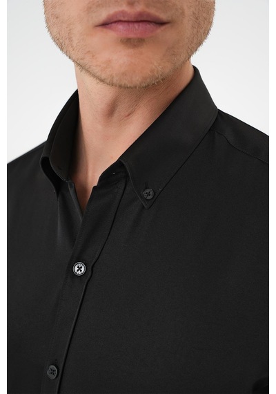 Efor Slim Fit Düğmeli Yaka Pamuklu Klasik Siyah Gömlek Gk 736 Siyah