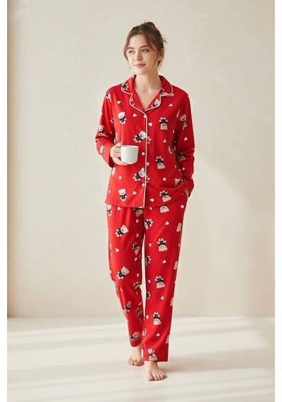 Miniğimin Cicileri Ayıcık Desenli Anne Pijama Takımı - Kırmızı