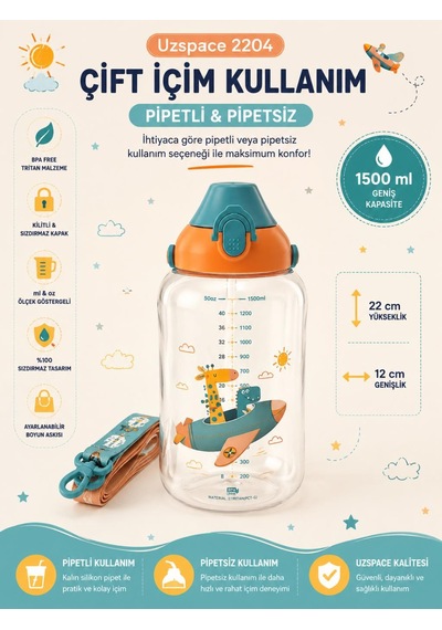Uzspace 2204 Turuncu 1500 Ml Çift İçim Ölçek Göstergeli Tritan Çocuk Su Matarası