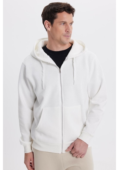 Tudors Unisex Relax Fit Rahat Kesim Pamuklu İçi Polarlı Çift Cepli Tam Fermuarlı Beyaz Kapüşonlu Sweatshirt-41646 Beyaz