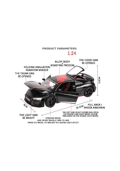 Audi R8 V10 1:24 Diecast Metal Model Araba Koleksiyon Sesli Işıklı Siyah