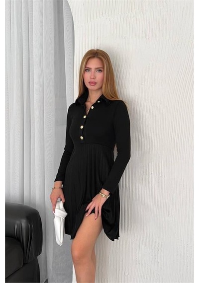 Dip Moda Kadın Triko Düğme Detaylı Pileli Mini Elbise Dpnbk2166 Siyah Dip Moda Kadın Triko Düğme Detaylı Pileli Mini Elbise Dpnbk2166 Siyah