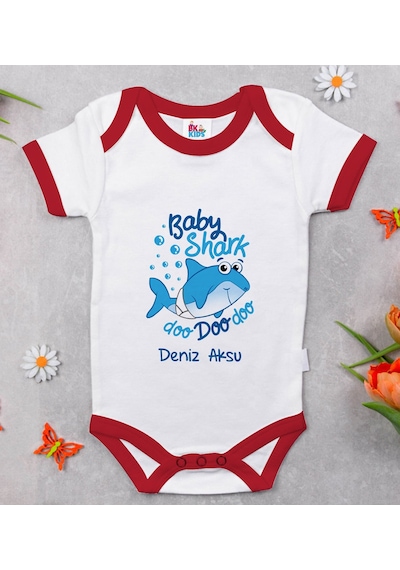 Bk Gift Bk Kids Kişiye Özel Baby Shark Tasarımlı Kırmızı Bebek Body Zıbın-1 Çok Renkli