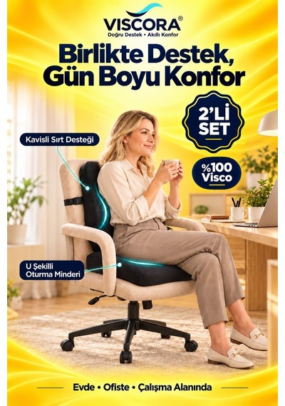 Araba Ve Ofis Koltuğu Sırt Ve Kuyruk Sokumu Minderi 2 Li Set Ergonomik Visco, Kaymaz Taban Siyah