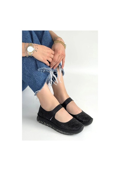 Look Shoes Herşeytrend Sina Siyah Hakiki Deri Cırt Cırtlı Babet Ayakkabı Siyah