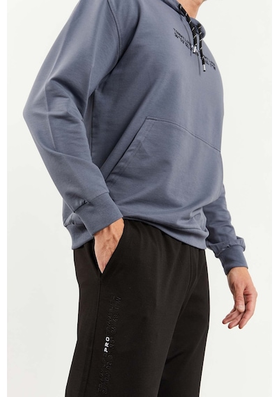 Tommy Life Petrol - Siyah Kapüşonlu Kanguru Cep Lastik Paça Erkek Oversize Eşofman Takımı - 85117 Petrol Mavi