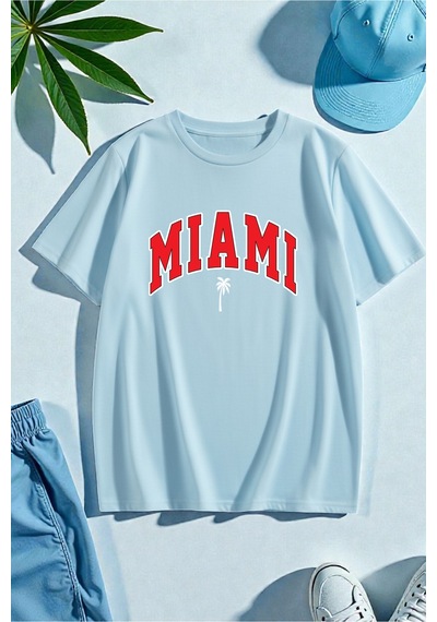 Uyguntarz Unisex Miami Baskılı Tasarım Tshirt Bebe Mavisi