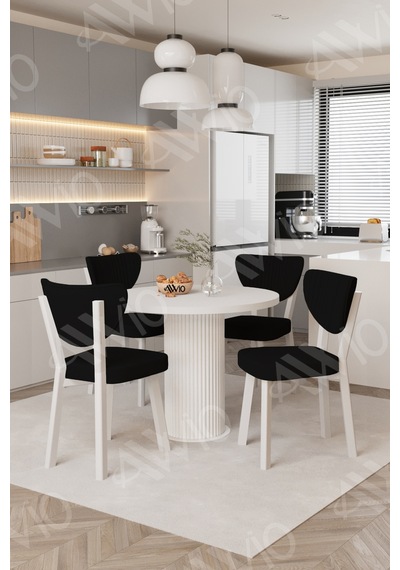 Avvio Elma Yuvarlak Beyaz Mutfak Masa 4 Adet Sandalyeli Takım 90x90 Cm Siyah