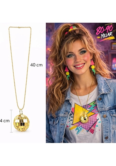 Retro Disko Topu Şekilli 8039ler 9039lar Altın Renk Plastik Kolye "