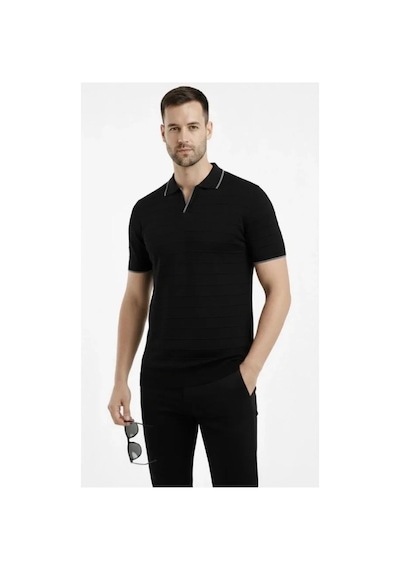 Butik İstanbul Erkek Triko Kumaş Yakalı Düğmesiz Açık Yaka Fitilli Kısa Kollu Regular Fit Tişört T-shirt - Siyah