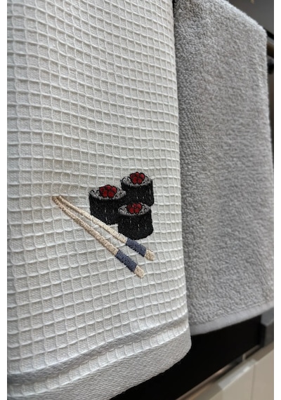 2 Li Mutfak Havlusu Seti - Açık Gri & Sushi Figürlü Kurulama Bezi - %100 Pamuk & 40x60 Cm Açık Gri