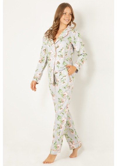Miorre Doremi Çiçekli Doğal Viskon Soft Yumuşak Düğmeli Pijama Takımı 001