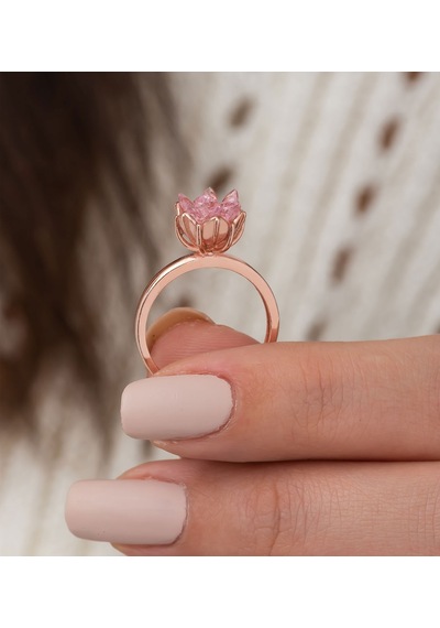 Rose Altın Kaplama Pembe Zirkon Taşlı Lotus Çiçeği Kadın  Yüzük Pembe