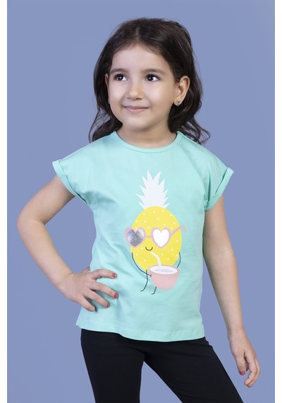 Toontoy Kids Toontoy Kız Çocuk Ananas Baskılı Tişört Su Yeşili