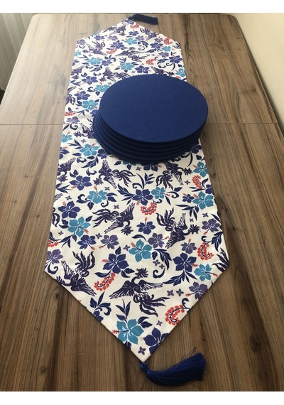 Blue Blanc Çiçek Desenli Runner & Supla Çok Renkli