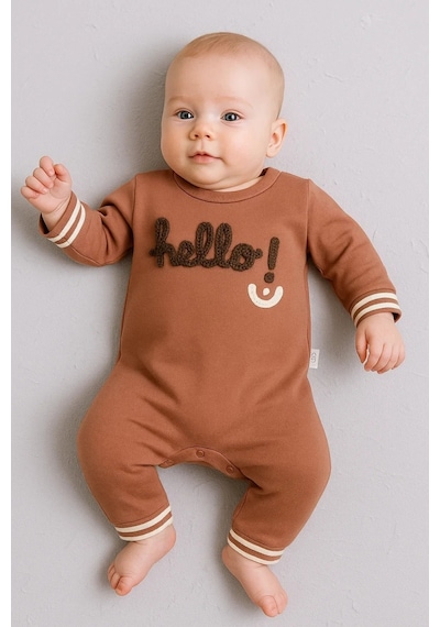 Pekminibebe Hello Nakışlı % 100 Pamuk Erkek Bebek Tulum Kahverengi
