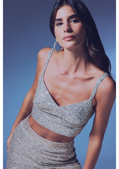 Sateen Kalın Askılı Payet Crop - Bej-135339 BEJ