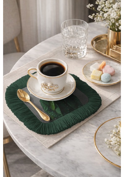 Avangart Elegant Saçaklı Servis Kokteyl Peçetesi - Maskülen Modern Yeşil Gri Bardak Altlığı Mendil Kumlu Gül Pembesi