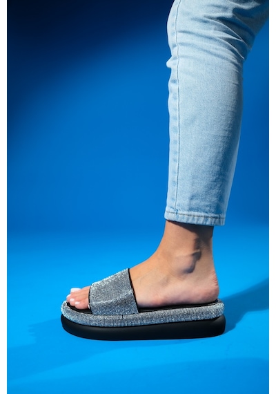 Luvishoes Oeste Siyah Taşlı Tek Bantlı Kalın Tabanlı Kadın Terlik Siyah