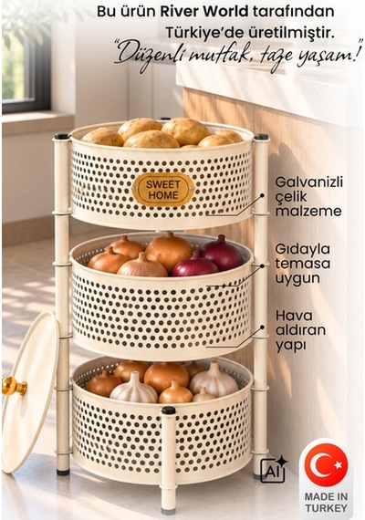River World Krem Renk 3 Sabit Bölmeli Tekerleksiz Metal Sebzelik Çok Renkli