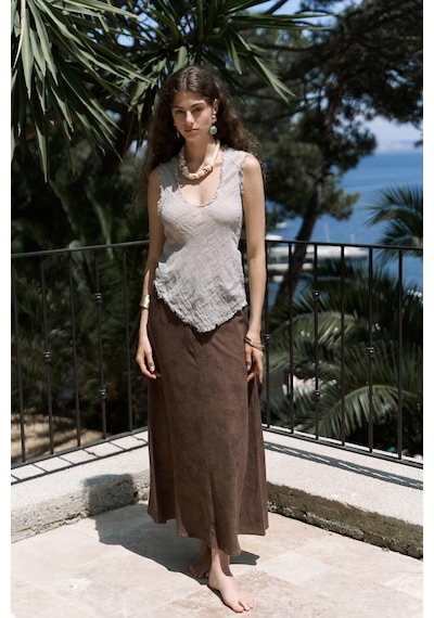 Mai Collection Mai Studios Co. Veilinas Asimetrik Vizon Keten Crop Vizon