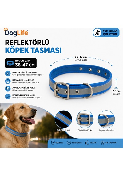 Dog Life Reflektörlü Köpek Boyun Tasması 36-47 Cm 2,5 Cm Geniş Metal Tokalı - Mavi Çok Renkli