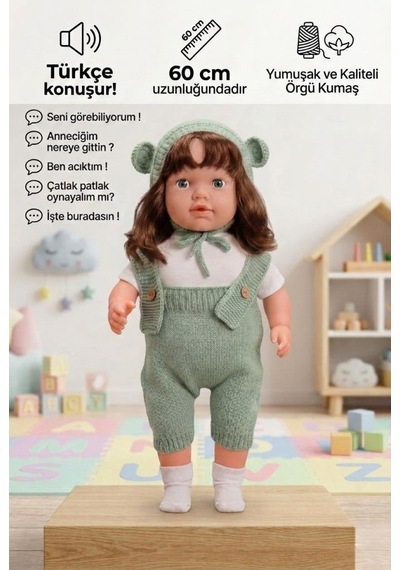 Konuşan Bebeğim 60 Cm Türkçe Konuşan Örgü Tulum Ve Şapkalı Kafası Bacakları Kolları Et Oyuncak Bebek 05521482