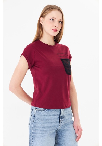 Sortie Collection Dantel Cepli Yazı Baskılı Katlama Kollu Tshirt Bordo