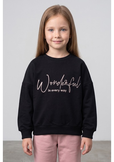 Fullamoda Kabartma Baskılı Oversize Kız Çocuk Sweatshirt Siyah