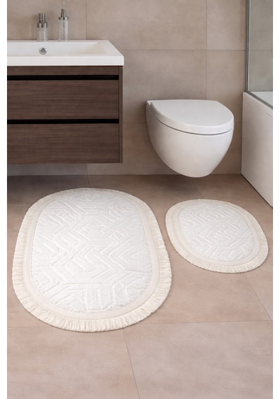 Kaymaz Tabanlı 2 Li Banyo Paspas Seti Yıkanabilir, Su Emici, Toz & Leke Tutmaz Oval Klozet Takımı Kahverengi - Krem