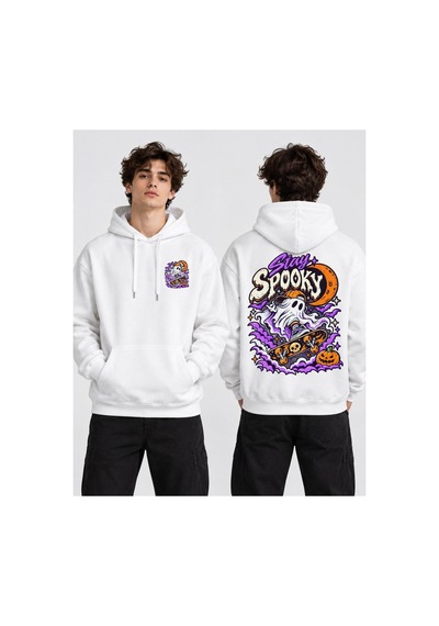 Gıovera Spooky Premium Erkek Oversize Kapüşonlu Sweatshirt %100 Pamuk Hayalet Baskılı beyaz